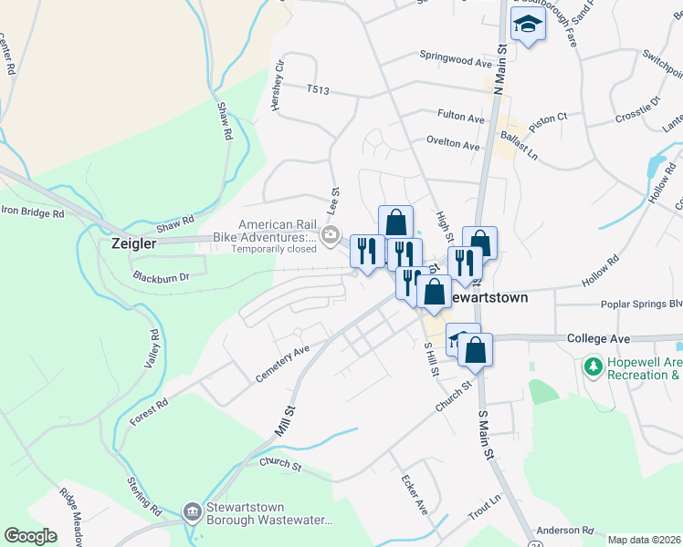 map of restaurants, bars, coffee shops, grocery stores, and more near 104 Marshview Road in Stewartstown