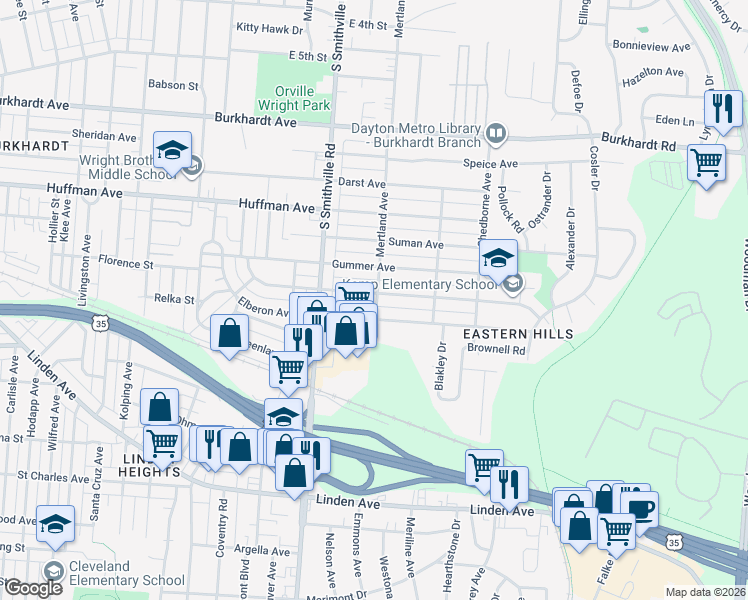 map of restaurants, bars, coffee shops, grocery stores, and more near 1670 Gondert Ave in Dayton