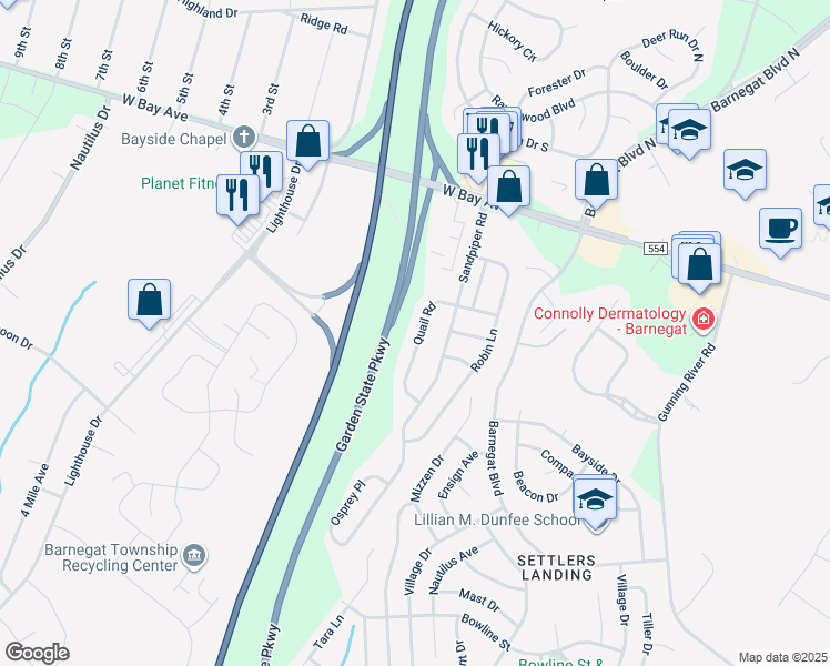 map of restaurants, bars, coffee shops, grocery stores, and more near 56 Quail Rd in Barnegat Township