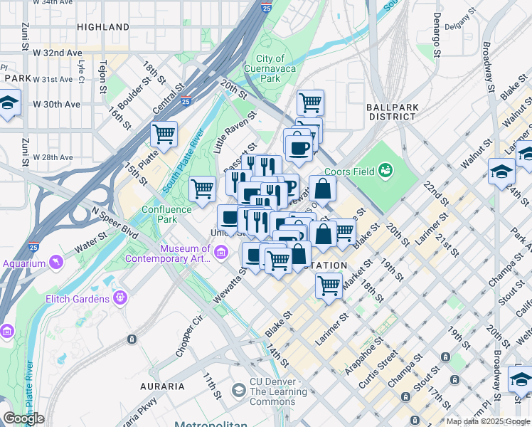 map of restaurants, bars, coffee shops, grocery stores, and more near 1701 Wewatta Street in Denver
