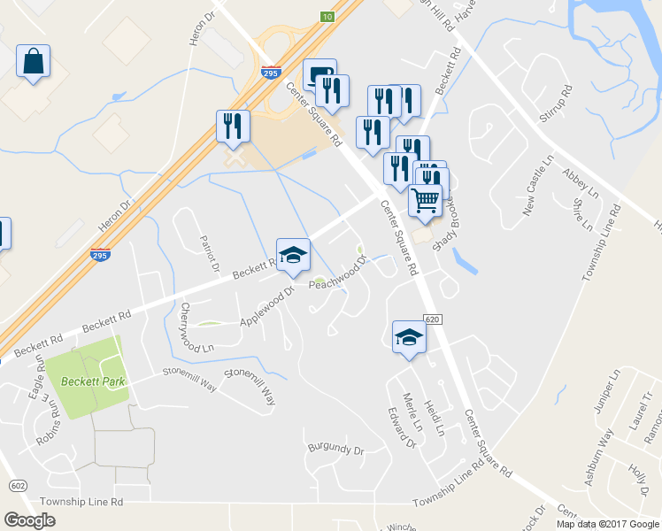 map of restaurants, bars, coffee shops, grocery stores, and more near 20 Elmwood Place in Logan Township