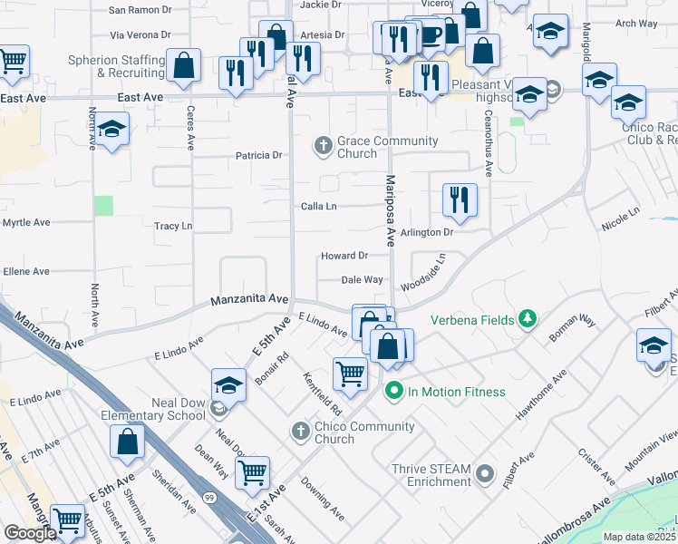 map of restaurants, bars, coffee shops, grocery stores, and more near 1272 Dale Way in Chico