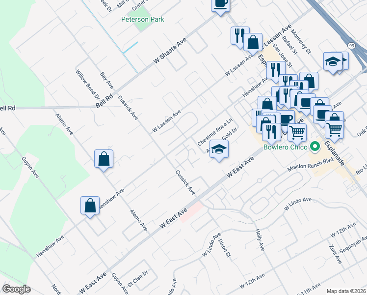 map of restaurants, bars, coffee shops, grocery stores, and more near 512 Wilshire Court in Chico