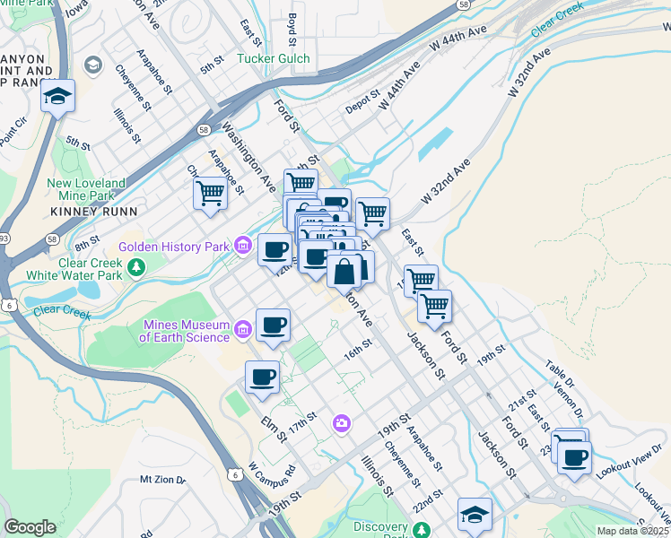 map of restaurants, bars, coffee shops, grocery stores, and more near 1301 Washington Avenue in Golden