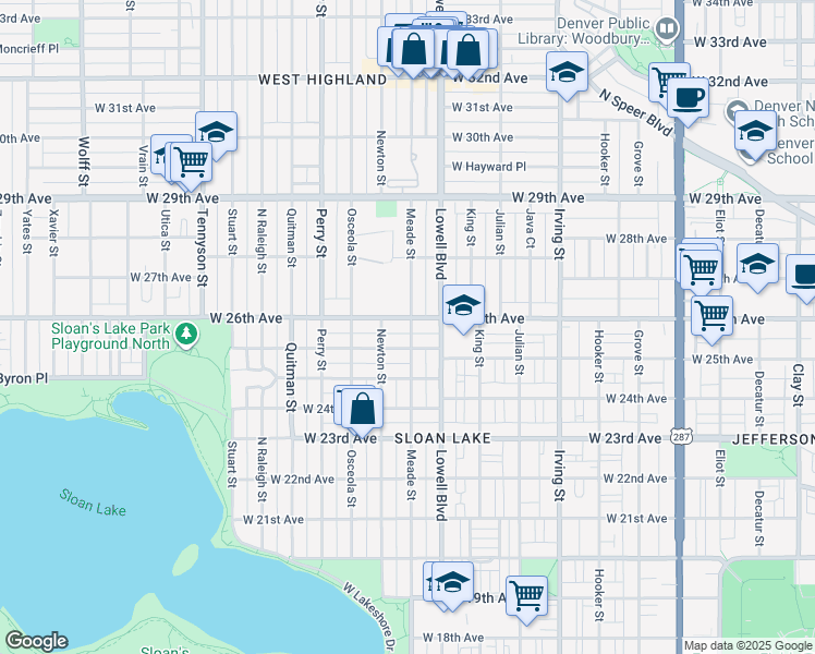 map of restaurants, bars, coffee shops, grocery stores, and more near 3700 West 26th Avenue in Denver