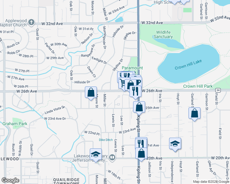 map of restaurants, bars, coffee shops, grocery stores, and more near 10210 West 26th Avenue in Lakewood