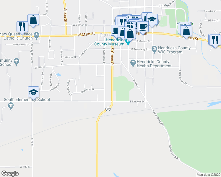 map of restaurants, bars, coffee shops, grocery stores, and more near 602 South Cross Street in Danville