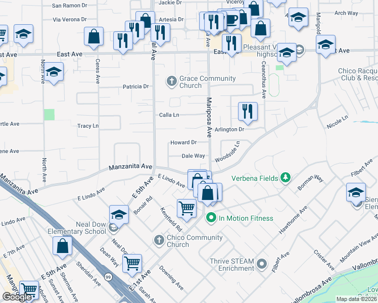 map of restaurants, bars, coffee shops, grocery stores, and more near 1280 Dale Way in Chico