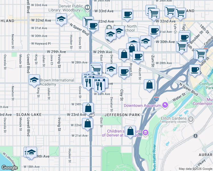 map of restaurants, bars, coffee shops, grocery stores, and more near 2812 West 26th Avenue in Denver