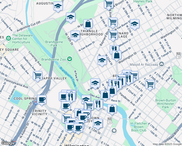 map of restaurants, bars, coffee shops, grocery stores, and more near 309 West 18th Street in Wilmington
