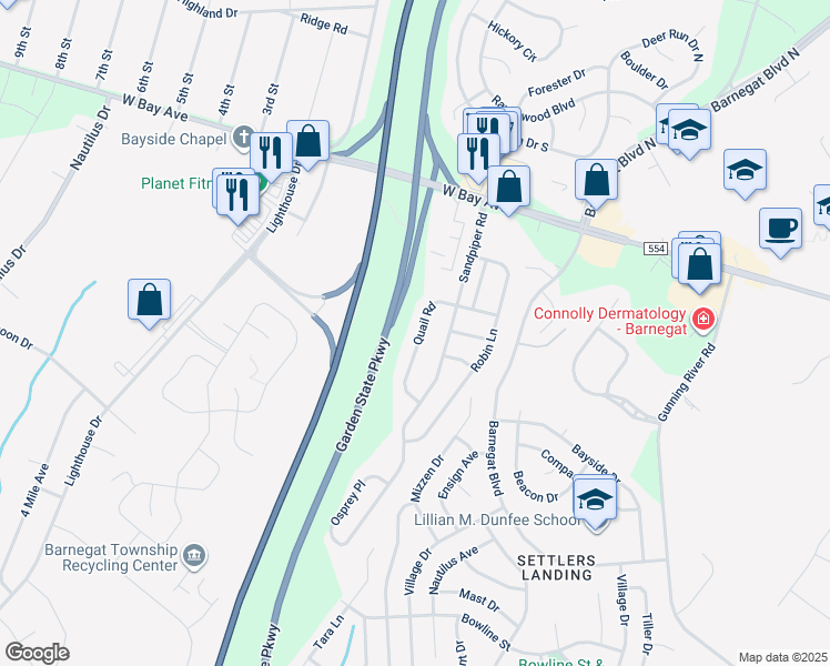 map of restaurants, bars, coffee shops, grocery stores, and more near 56 Quail Road in Barnegat Township
