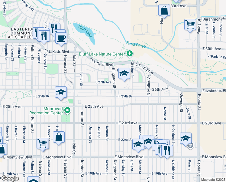 map of restaurants, bars, coffee shops, grocery stores, and more near 2597 Kingston Street in Aurora