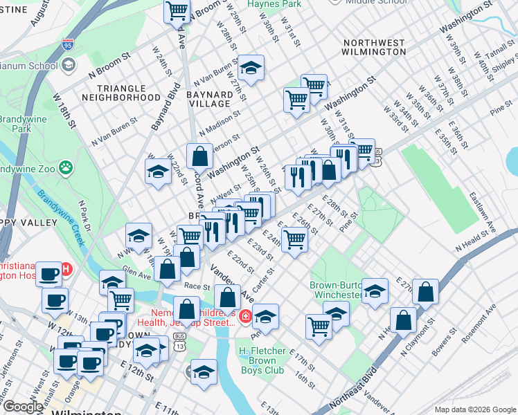 map of restaurants, bars, coffee shops, grocery stores, and more near 2404 North Tatnall Street in Wilmington