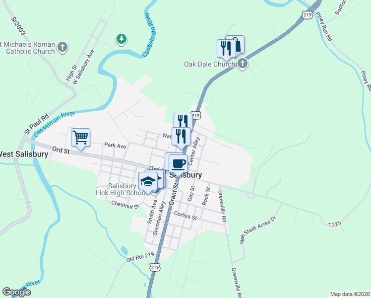 map of restaurants, bars, coffee shops, grocery stores, and more near 29 Grant Street in Salisbury