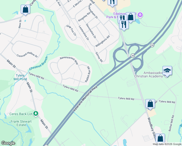 map of restaurants, bars, coffee shops, grocery stores, and more near 133 Rabbit Run Road in Mantua Township
