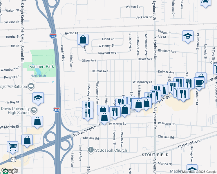 map of restaurants, bars, coffee shops, grocery stores, and more near 816 South Whitcomb Avenue in Indianapolis