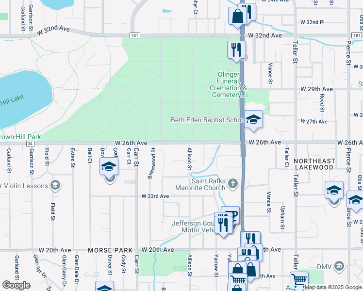 map of restaurants, bars, coffee shops, grocery stores, and more near 2595 Allison Street in Lakewood