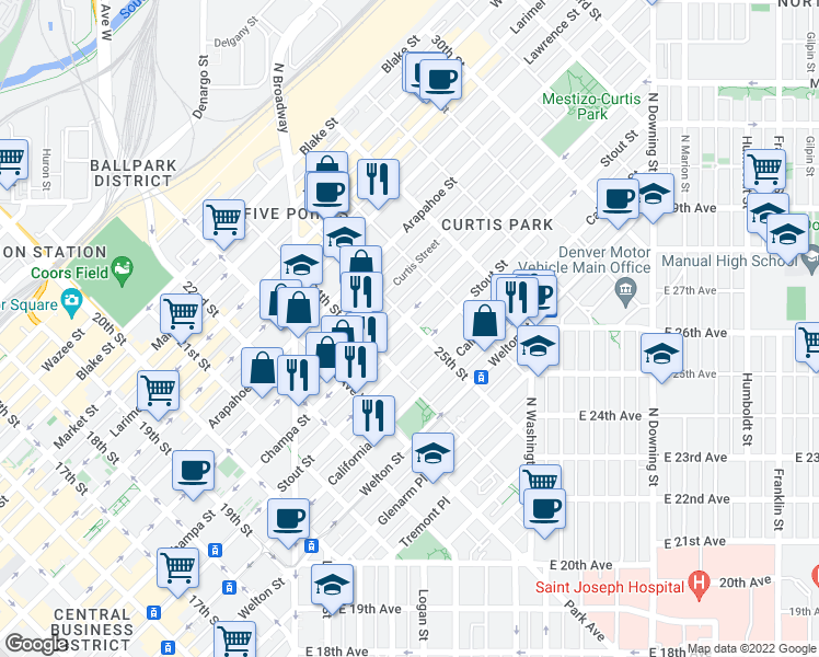 map of restaurants, bars, coffee shops, grocery stores, and more near in Denver
