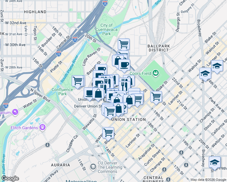 map of restaurants, bars, coffee shops, grocery stores, and more near in Denver