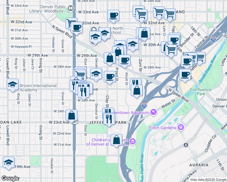 map of restaurants, bars, coffee shops, grocery stores, and more near 2620 West 26th Avenue in Denver