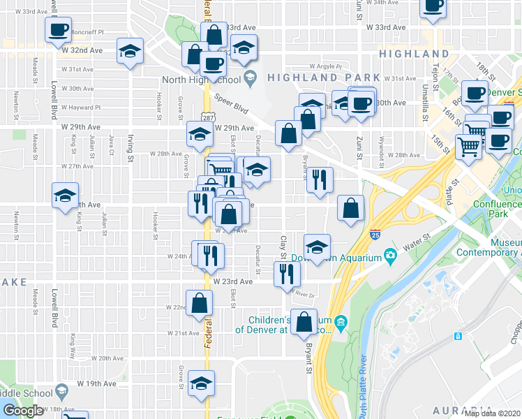 map of restaurants, bars, coffee shops, grocery stores, and more near 2812 West 26th Avenue in Denver