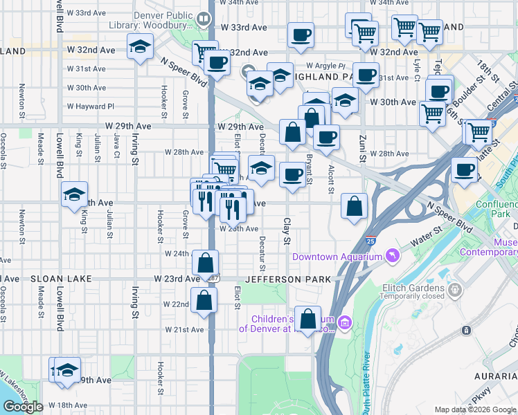 map of restaurants, bars, coffee shops, grocery stores, and more near 2812 West 26th Avenue in Denver