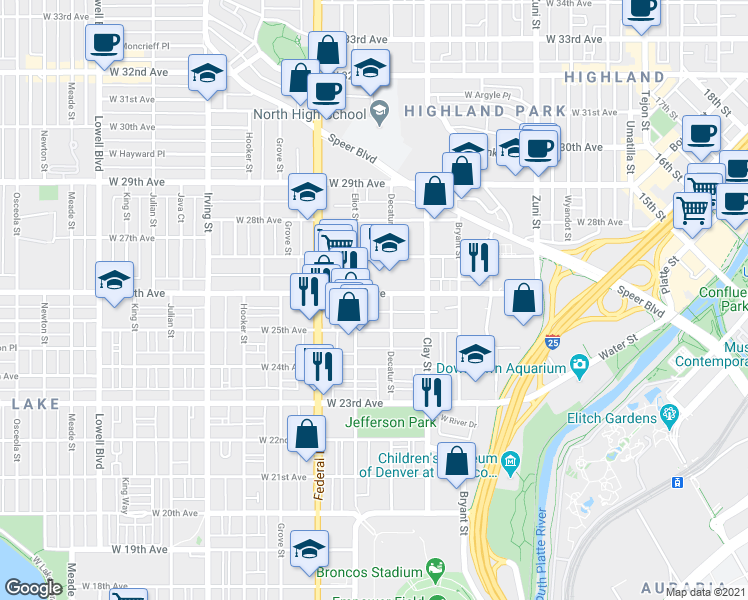 map of restaurants, bars, coffee shops, grocery stores, and more near 2812 West 26th Avenue in Denver