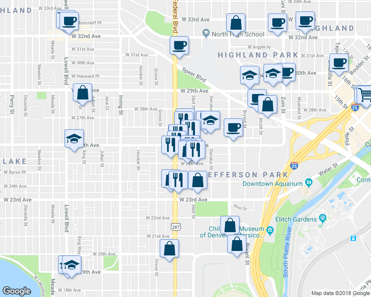 map of restaurants, bars, coffee shops, grocery stores, and more near 2920 West 26th Avenue in Denver