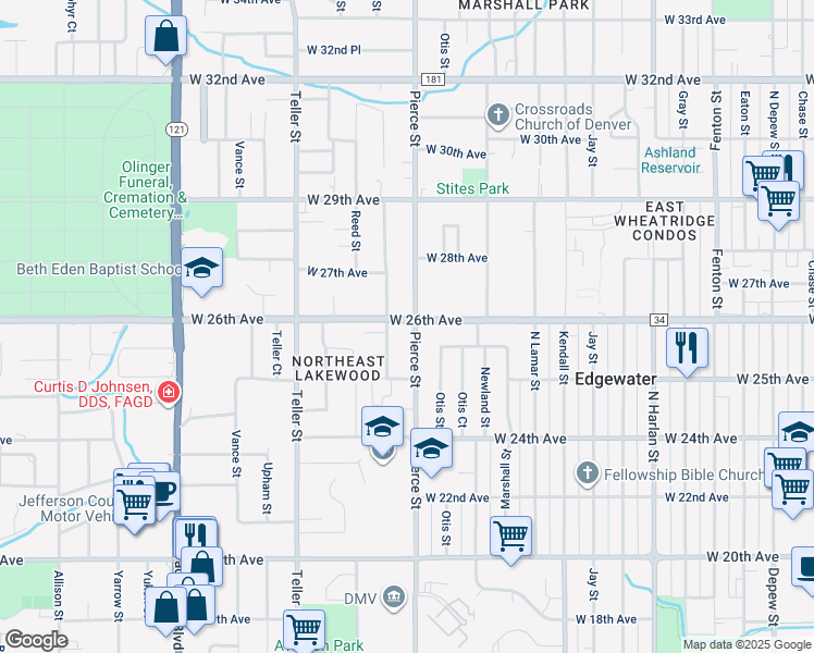 map of restaurants, bars, coffee shops, grocery stores, and more near 2591 Pierce Street in Denver