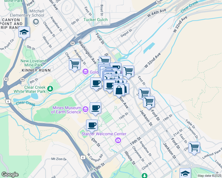 map of restaurants, bars, coffee shops, grocery stores, and more near 1301 Washington Avenue in Golden