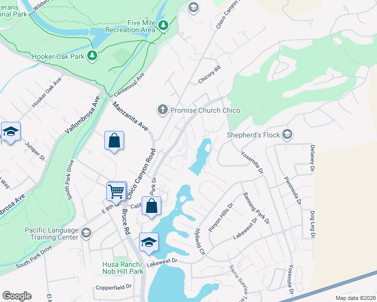 map of restaurants, bars, coffee shops, grocery stores, and more near 2914 Pennyroyal Drive in Chico