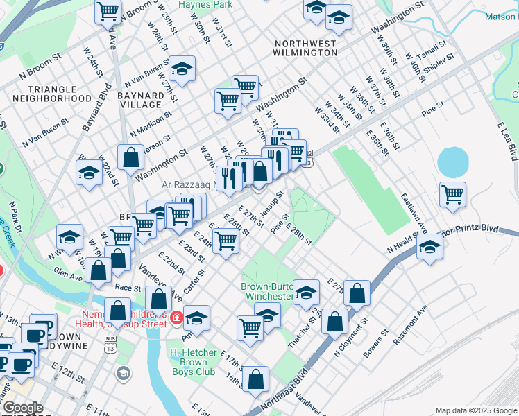 map of restaurants, bars, coffee shops, grocery stores, and more near 2709 North Market Street in Wilmington
