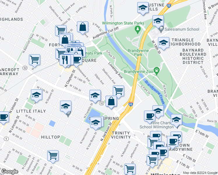 map of restaurants, bars, coffee shops, grocery stores, and more near 1203 Gilpin Avenue in Wilmington