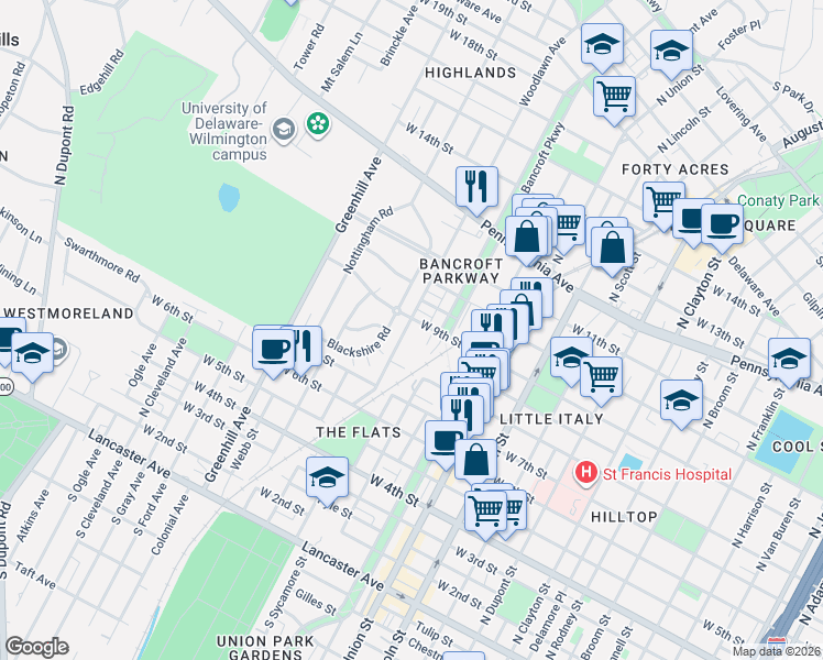 map of restaurants, bars, coffee shops, grocery stores, and more near 2210 West 9th Street in Wilmington