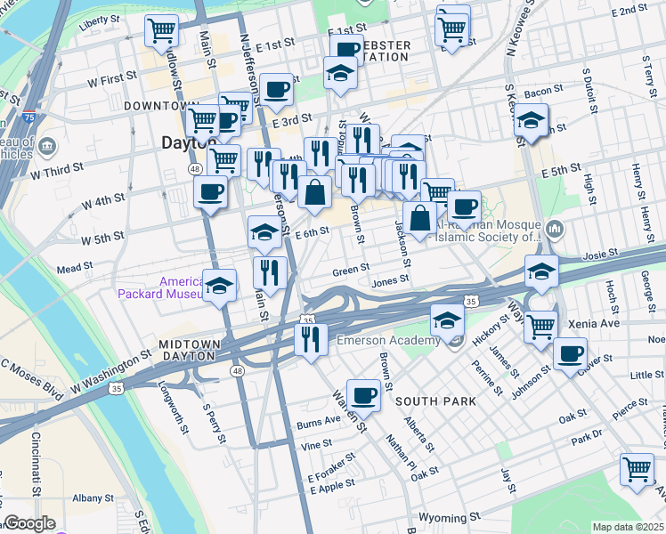 map of restaurants, bars, coffee shops, grocery stores, and more near 77 Green Street in Dayton