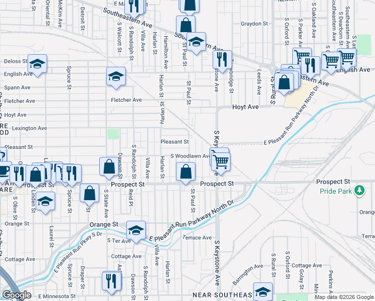 map of restaurants, bars, coffee shops, grocery stores, and more near 2224 Woodlawn Avenue in Indianapolis