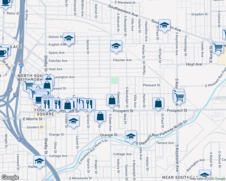 map of restaurants, bars, coffee shops, grocery stores, and more near 1720 Woodlawn Avenue in Indianapolis