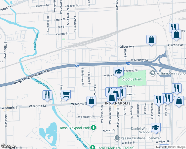 map of restaurants, bars, coffee shops, grocery stores, and more near 2330 West Ray Street in Indianapolis