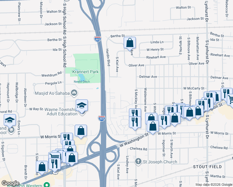 map of restaurants, bars, coffee shops, grocery stores, and more near 815 Cloverleaf Terrace in Indianapolis