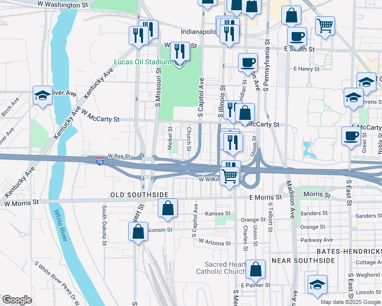 map of restaurants, bars, coffee shops, grocery stores, and more near 943 Church Street in Indianapolis