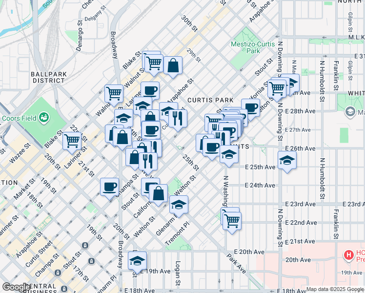 map of restaurants, bars, coffee shops, grocery stores, and more near 2519 Stout Street in Denver