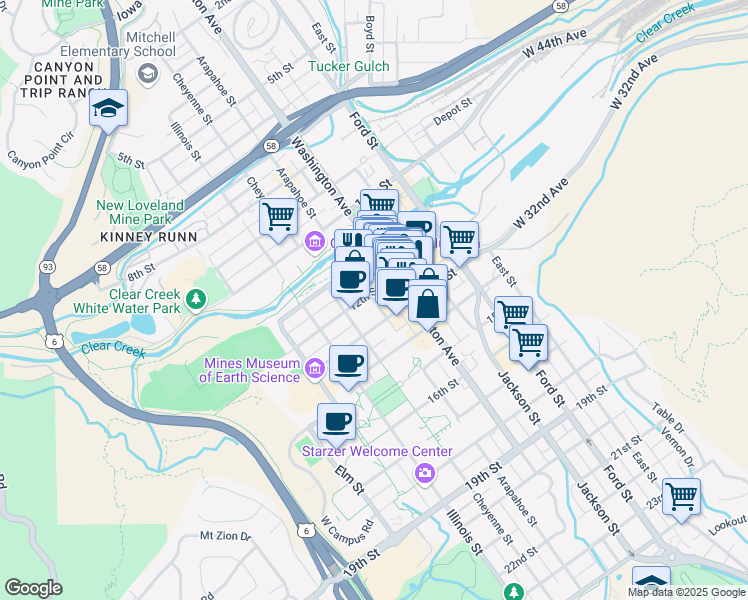 map of restaurants, bars, coffee shops, grocery stores, and more near Arapahoe Street in Golden