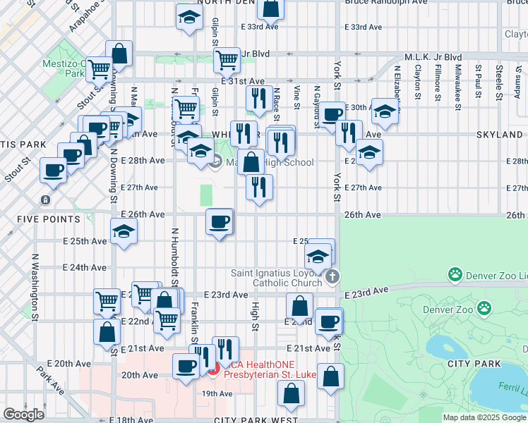 map of restaurants, bars, coffee shops, grocery stores, and more near 1915 East 26th Avenue in Denver