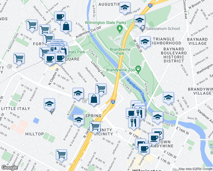 map of restaurants, bars, coffee shops, grocery stores, and more near 1100 Lovering Avenue in Wilmington