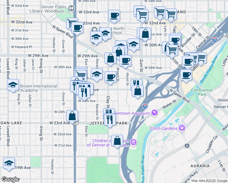 map of restaurants, bars, coffee shops, grocery stores, and more near 2620 West 26th Avenue in Denver