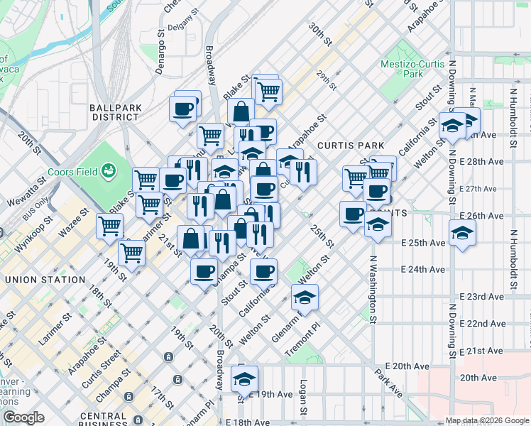 map of restaurants, bars, coffee shops, grocery stores, and more near 2360 Curtis Street in Denver