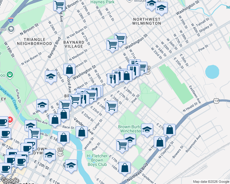 map of restaurants, bars, coffee shops, grocery stores, and more near 2602 North Market Street in Wilmington