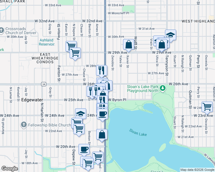 map of restaurants, bars, coffee shops, grocery stores, and more near 5128 West 26th Avenue in Denver