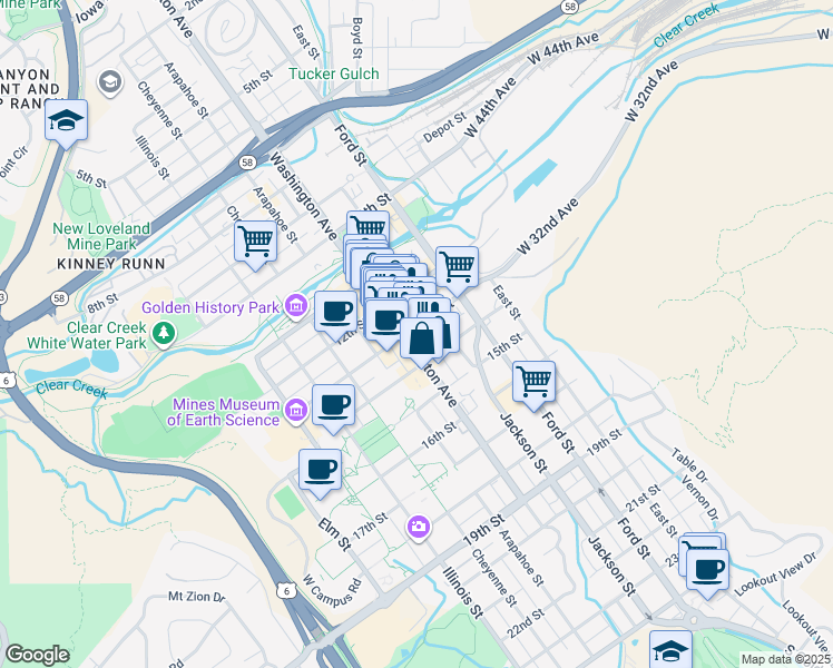 map of restaurants, bars, coffee shops, grocery stores, and more near 1301 Washington Avenue in Golden