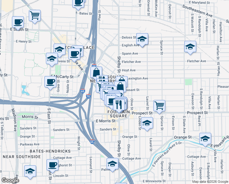 map of restaurants, bars, coffee shops, grocery stores, and more near 1056 Hosbrook Street in Indianapolis